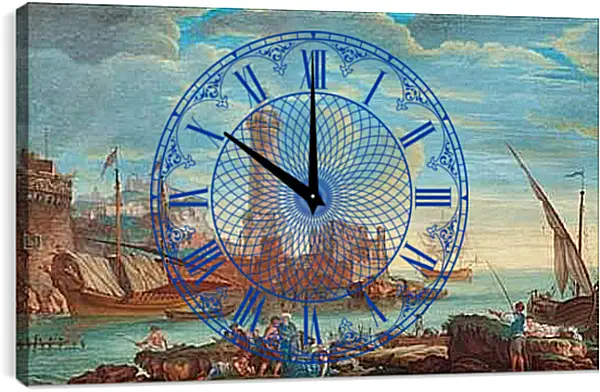 Часы картина - Sydlandsk hamnbild med figurer och batar. Клод Жозеф Верне