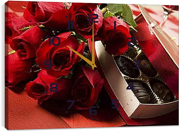 Часы картина - Красные розы и конфеты