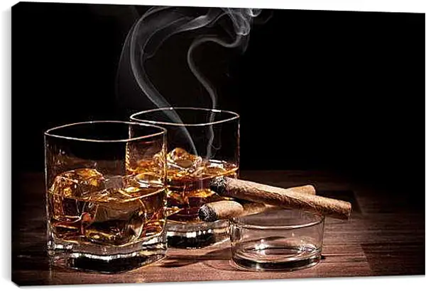 Постер на подрамнике - Сигара и два стакана виски. Вечерний Натюрморт.
