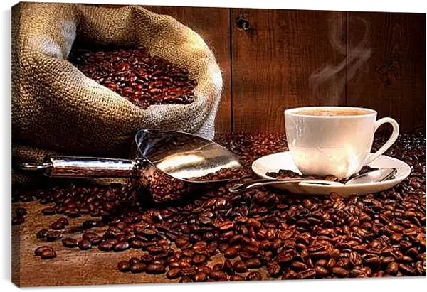 Постер на подрамнике - Чашка и зёрна кофе. Ароматное Утро.