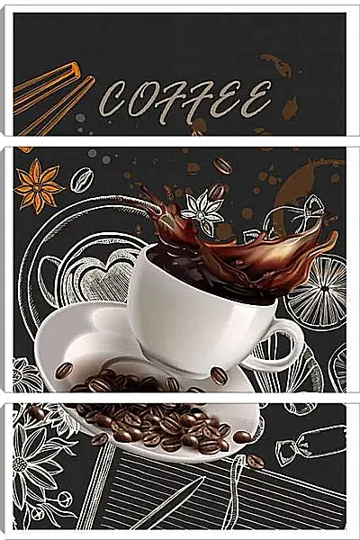 Модульная картина - Брызги кофе и зёрна на блюдце. Аромат Кофе.