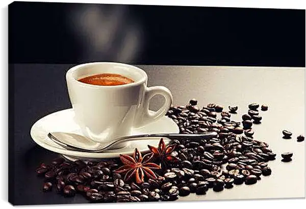 Постер на подрамнике - Чашка кофе на блюдце и зёрна. Кофе с Ароматом.