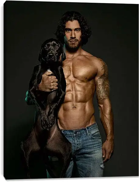 Постер на подрамнике - Брюнет с собакой