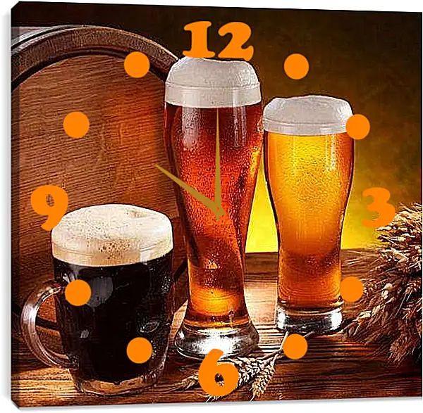 Часы картина - Пиво в боченке, кружке и стаканах. Пенный натюрморт.