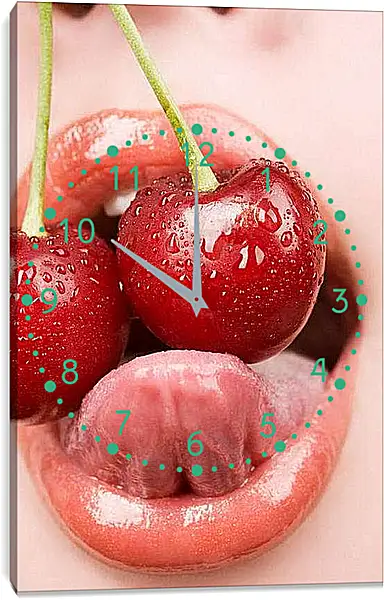 Часы картина - Вишенка и губы. Сладкая провокация.