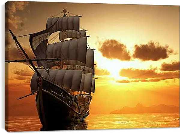 Постер на подрамнике - Парусник на закате