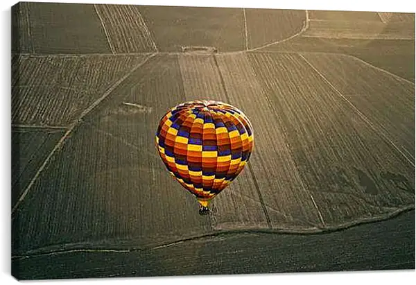 Постер на подрамнике - Разноцветный воздушный шар пролетающий  над полями