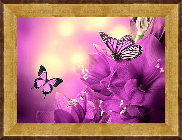 Картина в раме - Бабочки на сиреневом фоне