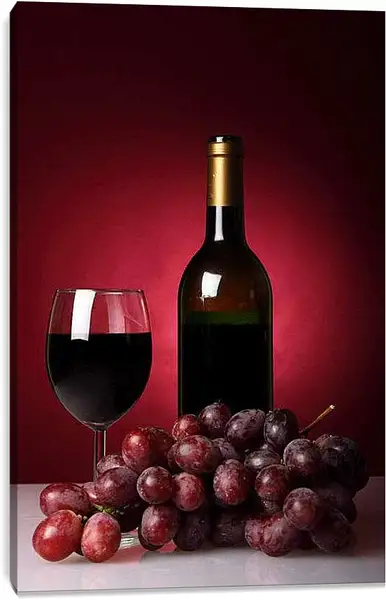 Постер на подрамнике - Бутылка красного вина и виноград. Винный натюрморт.