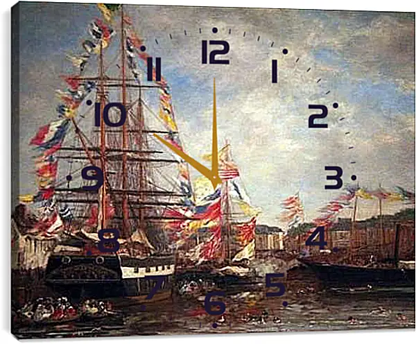 Часы картина - Festival in the Harbor of Honfleur. Эжен Буден