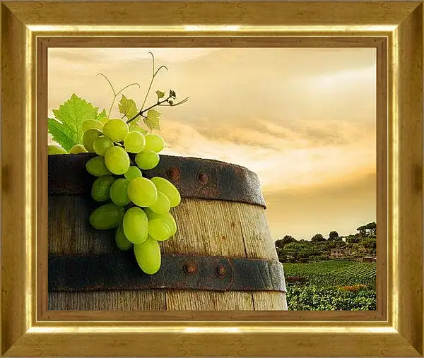 Картина в раме - Бочка с виноградом. Винный урожай.