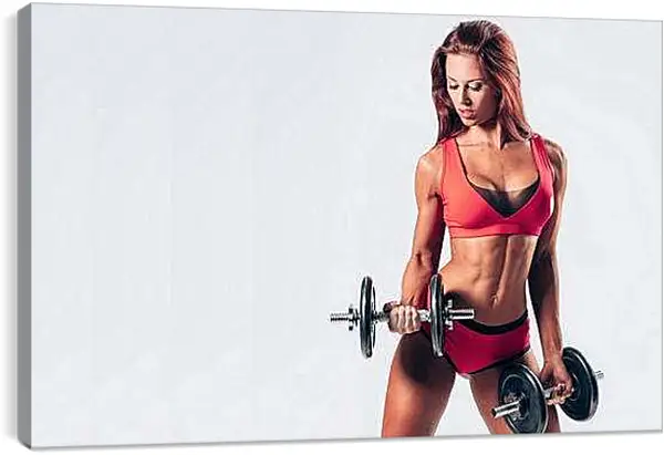 Постер на подрамнике - Рыжеволосая девушка с гантелями