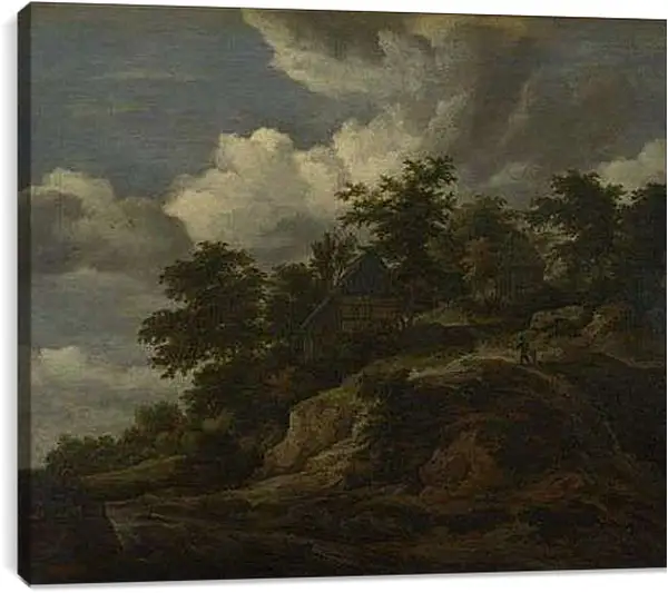 Постер на подрамнике - A Rocky Hill with Three Cottages, a Stream at its Foot. Якоб ван Рейсдал
