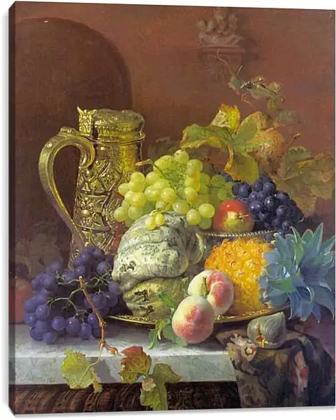 Постер на подрамнике - Fruits on a tray with a silver flagon on a marble ledge. Стэннард Элоиза Гарриет