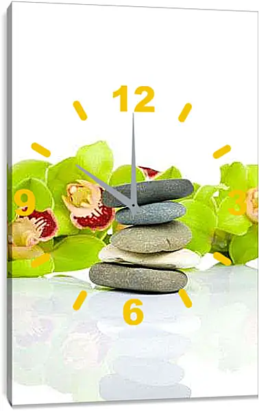 Часы картина - Зеленые цветы и камни