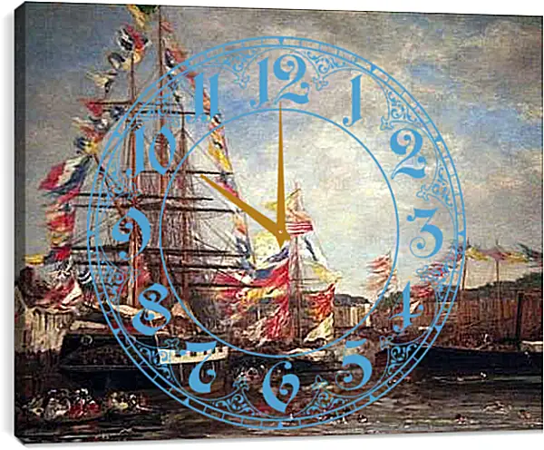 Часы картина - Festival in the Harbor of Honfleur. Эжен Буден