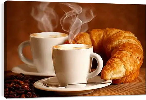 Постер на подрамнике - Две чашечки горячего кофе и два круассана. Утренний аромат.