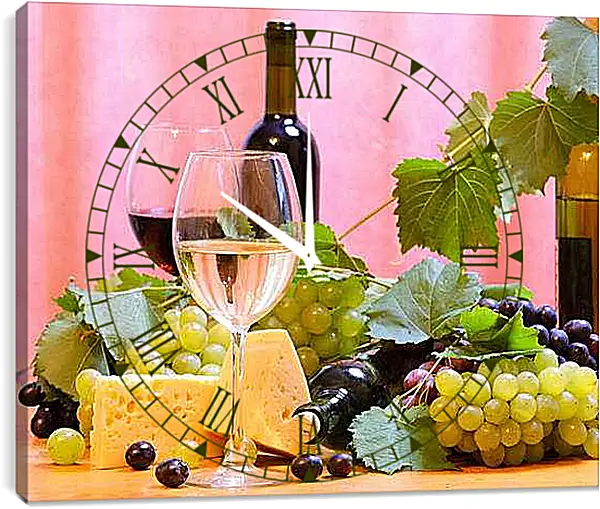 Часы картина - Виноград, сыр и вино. Изобилие вкуса.