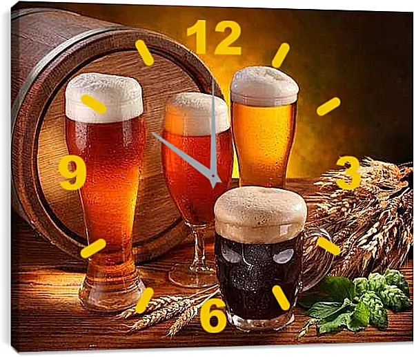 Часы картина - Пиво в боченке и кружках. Хмельное Настроение.