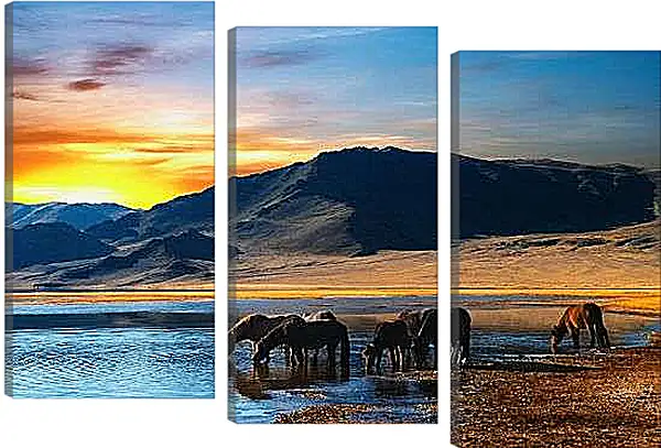 Модульная картина - Кони на водопое