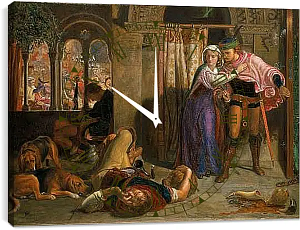 Часы картина - Полет Маделин и Порфиро, посещающих попойку накануне дня святой Агнессы. Фрагмент II. Уильям Холман Хант