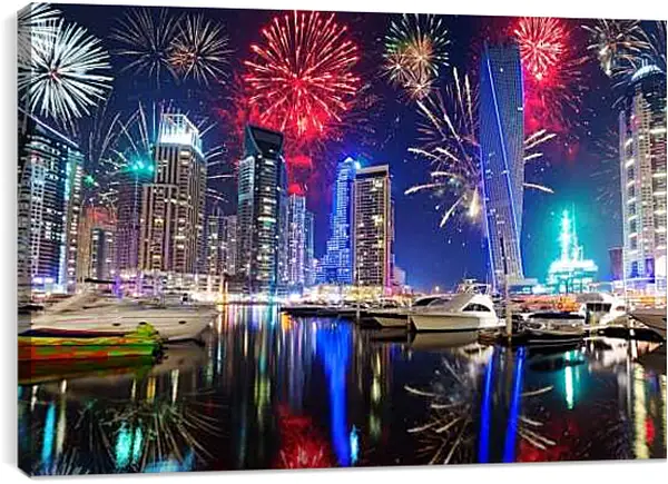 Постер на подрамнике - Салют в небе над небоскребами. Дубай