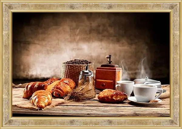 Картина в раме - Несколько круассанов и пару чашек кофе на столе. Утреннее наслаждение.