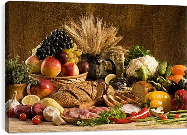 Постер на подрамнике - Стол с едой. Изобилие урожая.