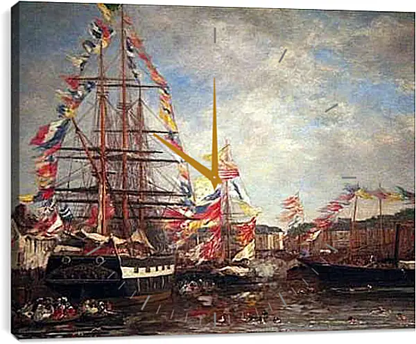 Часы картина - Festival in the Harbor of Honfleur. Эжен Буден