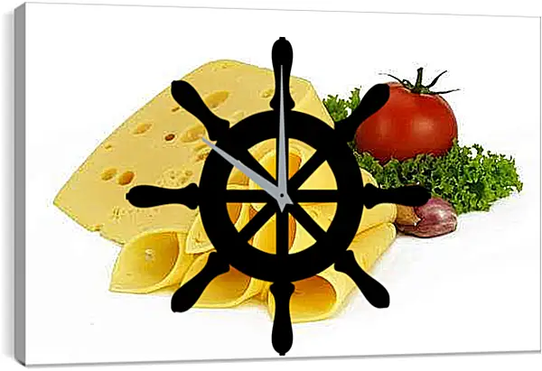 Часы картина - Вкуснейший сыр и спелый помидор. Аппетитный натюрморт.