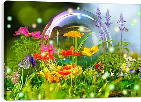 Постер на подрамнике - Бабочки и мыльный пузырь