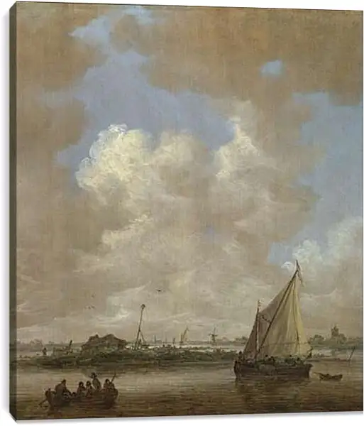 Постер на подрамнике - A River Scene, with a Hut on an Island. Ян ван Гойен