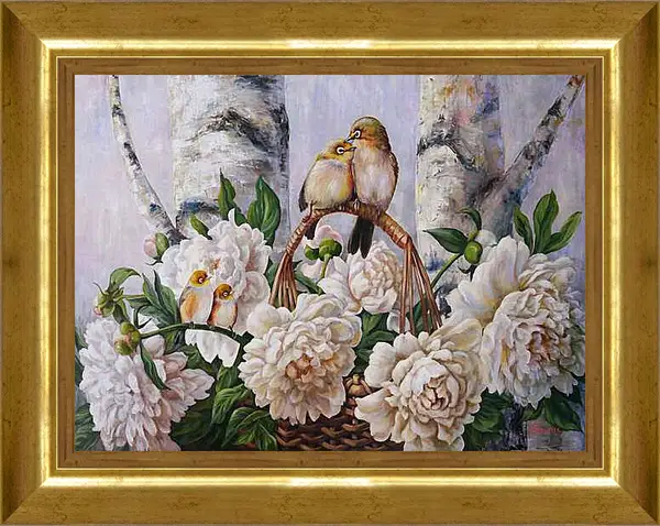 Картина в раме - Семьи единство. Влюбленные птички, птенцы, стволы берез, букет пион на небесном фоне