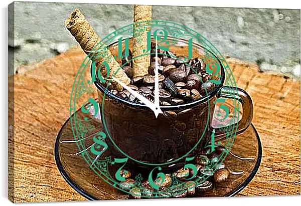 Часы картина - Зёрна кофе в чашке на блюдце и сладкие палочки. Ароматное начало.