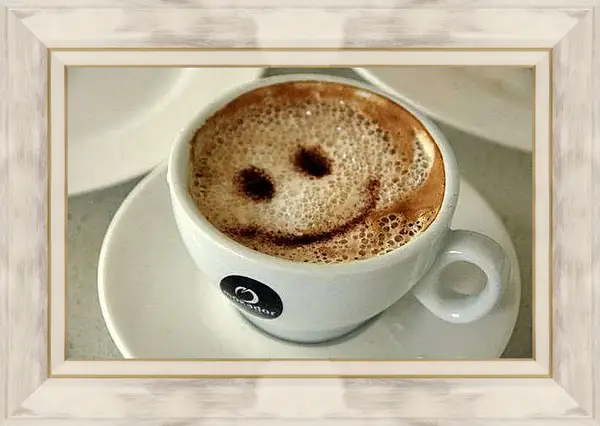 Картина в раме - Улыбка в чашке. Утренний позитив.