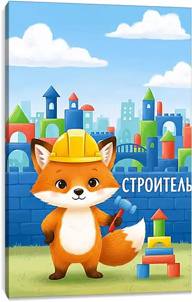 Постер на подрамнике - Лис-строитель для детей