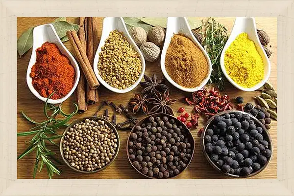 Картина в раме - Приправы и пряности на столе. Ароматы кухни.