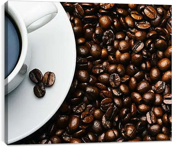 Постер на подрамнике - Чашка кофе и зерна. Ароматное утро.