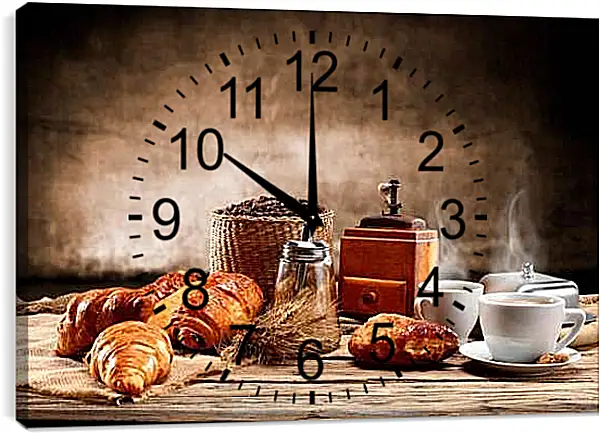 Часы картина - Несколько круассанов и пару чашек кофе на столе. Утреннее наслаждение.