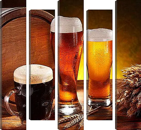 Модульная картина - Пиво в боченке, кружке и стаканах. Пенный натюрморт.