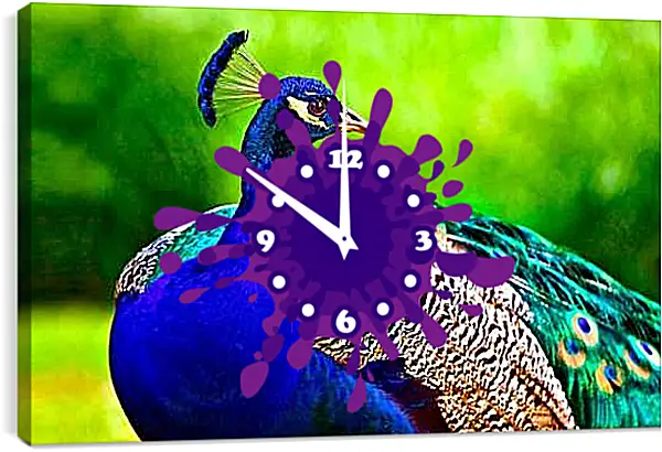 Часы картина - Павлин на зелёном фоне