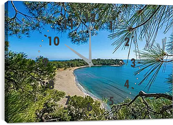 Часы картина - Вид на пляж и море через ветки