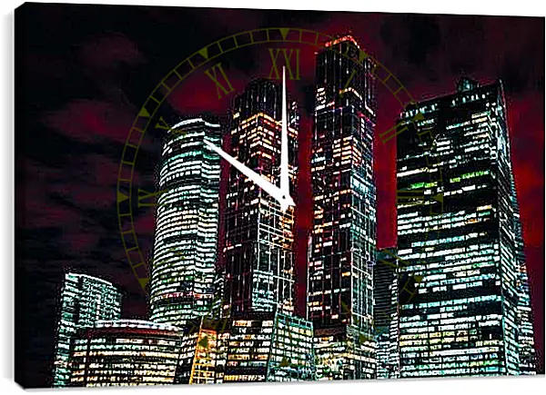 Часы картина - Огни ночного Москва-сити