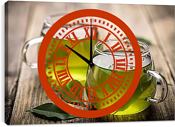 Часы картина - Две чашки с зелёным чаем. Зеленый чай.
