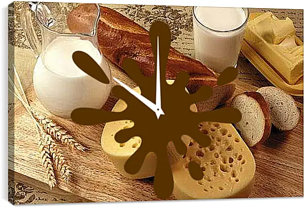 Часы картина - Батон, сыр, кувшин и стакан молока на столе. Аромат утра.