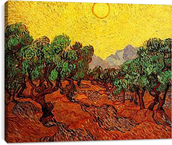 Постер на подрамнике - Olive Trees with Yellow Sky and Sun. Винсент Ван Гог