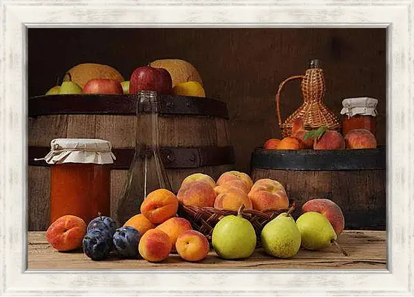 Картина в раме - Фрукты, варенье, бочки. Осенний натюрморт.