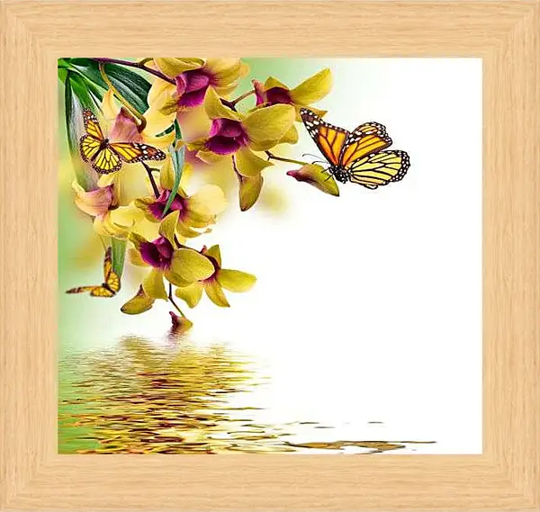 Картина в раме - Желтые орхидеи и бабочки