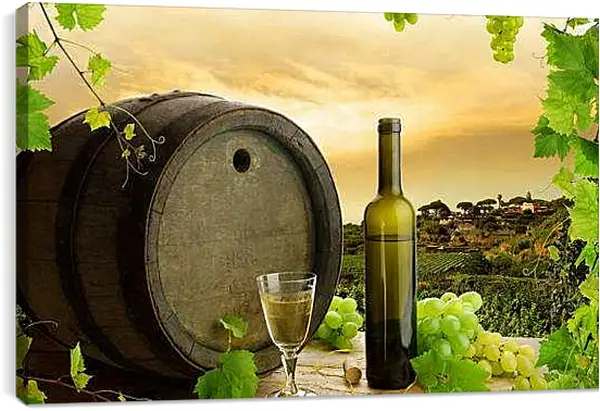 Постер на подрамнике - Виноградная плантация и бокал вина с бутылкой на столе. Винный погреб.