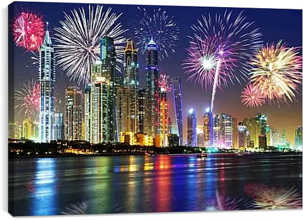Постер на подрамнике - Салют в ночном небе города. Дубай